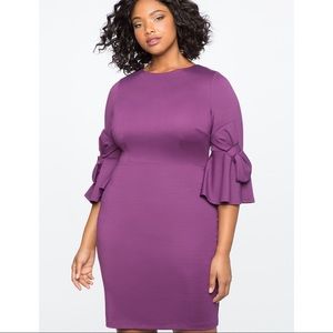 Eloquii Purple Bow Bell Sleeve Sheath Dress EUC 18 Eggplant Aubergine